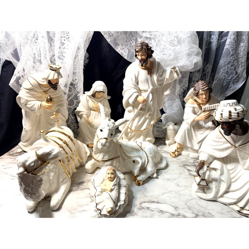 Grandeur Noel Nativity Scene 9 Piece Larger Size See Photos For Chips (P2937)